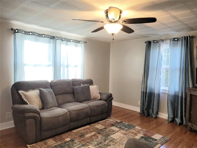 living area with baseboards, wood finished floors, a ceiling fan, and a healthy amount of sunlight