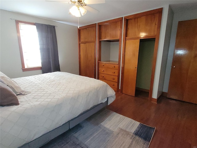 bedroom with ceiling fan, dark wood finished floors, and multiple closets