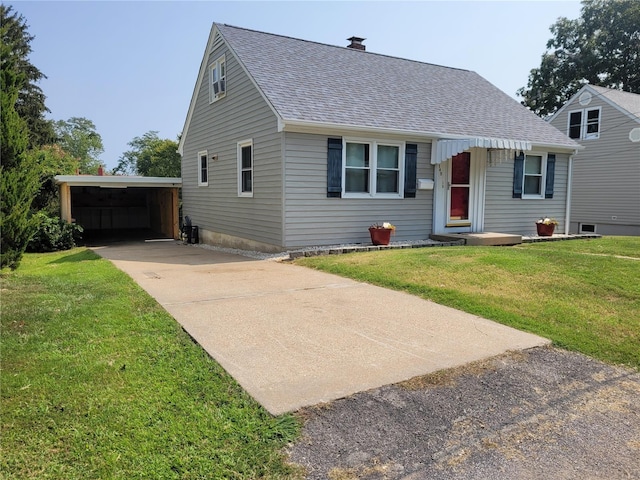 view of front of home with driveway, a shingled roof, a chimney, a front lawn, and a carport