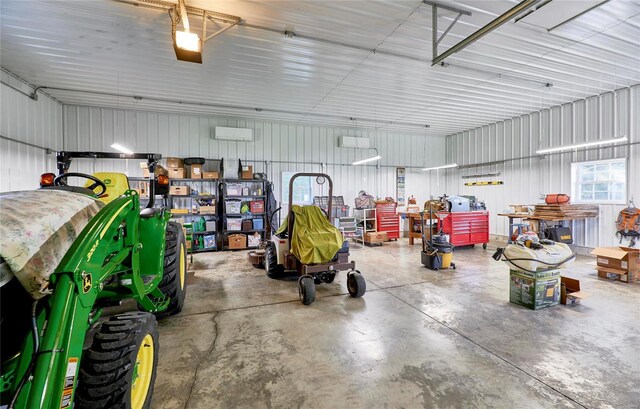 garage with a workshop area