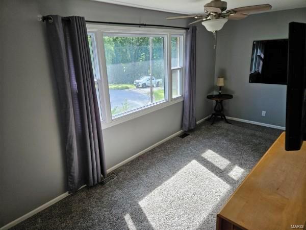 interior space featuring ceiling fan and carpet floors