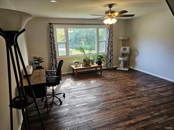 home office featuring ceiling fan and dark hardwood / wood-style floors