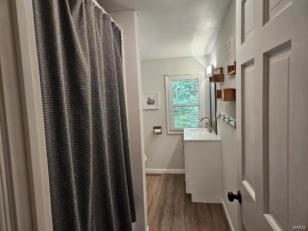 bathroom featuring vanity and hardwood / wood-style flooring