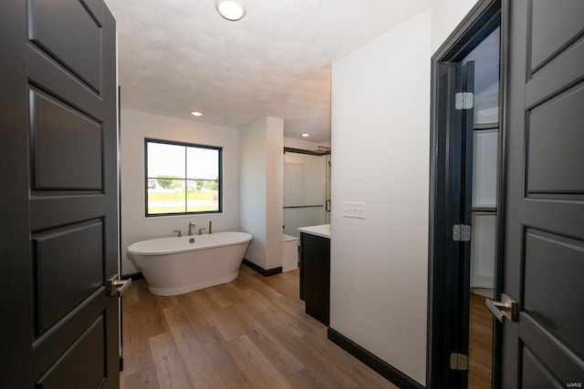 bathroom with vanity, hardwood / wood-style floors, and a washtub