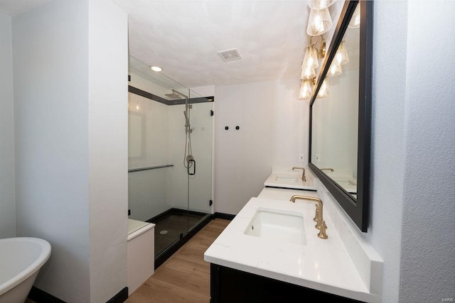 bathroom featuring vanity, independent shower and bath, and hardwood / wood-style flooring