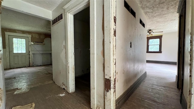 hallway with a textured ceiling and a healthy amount of sunlight