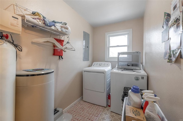 laundry area featuring electric panel and washing machine and clothes dryer