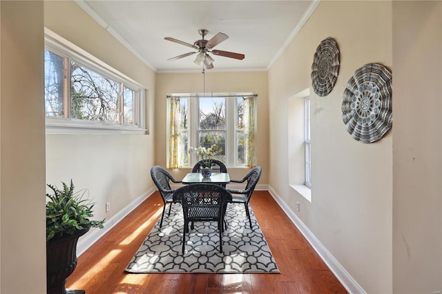 dining room with wood-type flooring, ceiling fan, and crown molding