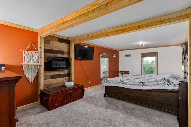 bedroom featuring wood walls, cooling unit, beam ceiling, ornamental molding, and carpet flooring