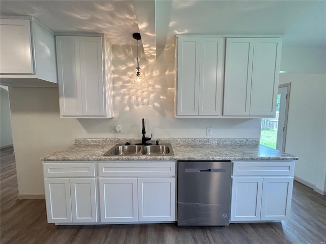 kitchen featuring dark hardwood / wood-style floors, light stone countertops, dishwasher, sink, and white cabinets