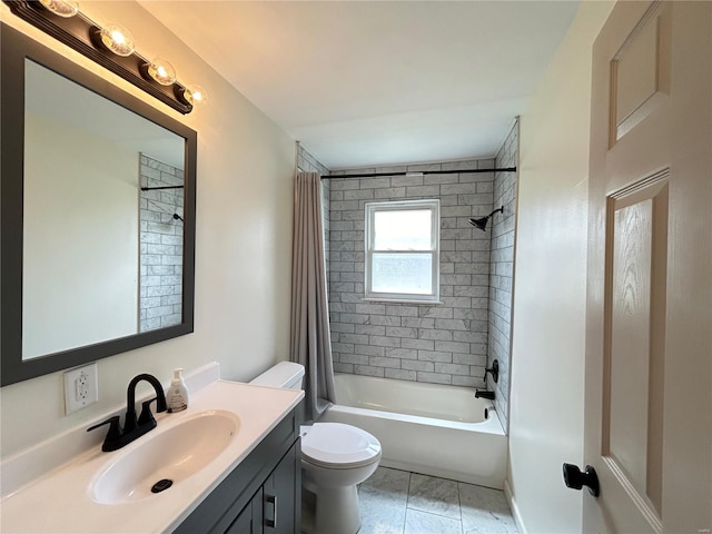 full bathroom featuring vanity, toilet, shower / tub combo with curtain, and tile patterned flooring