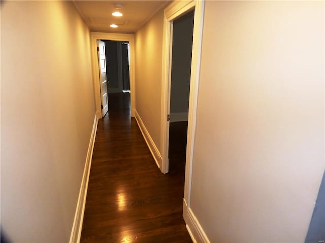 hallway featuring dark wood-type flooring