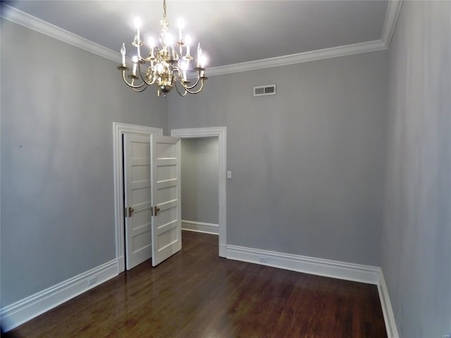 unfurnished dining area featuring an inviting chandelier, dark hardwood / wood-style flooring, and crown molding