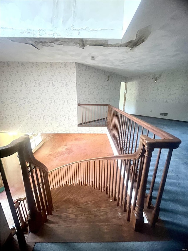 stairs featuring a skylight and carpet