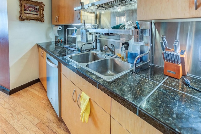 kitchen with light brown cabinetry, dishwasher, light hardwood / wood-style flooring, sink, and decorative backsplash