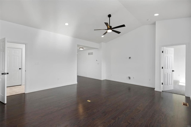 interior space featuring vaulted ceiling, ceiling fan, and dark hardwood / wood-style floors