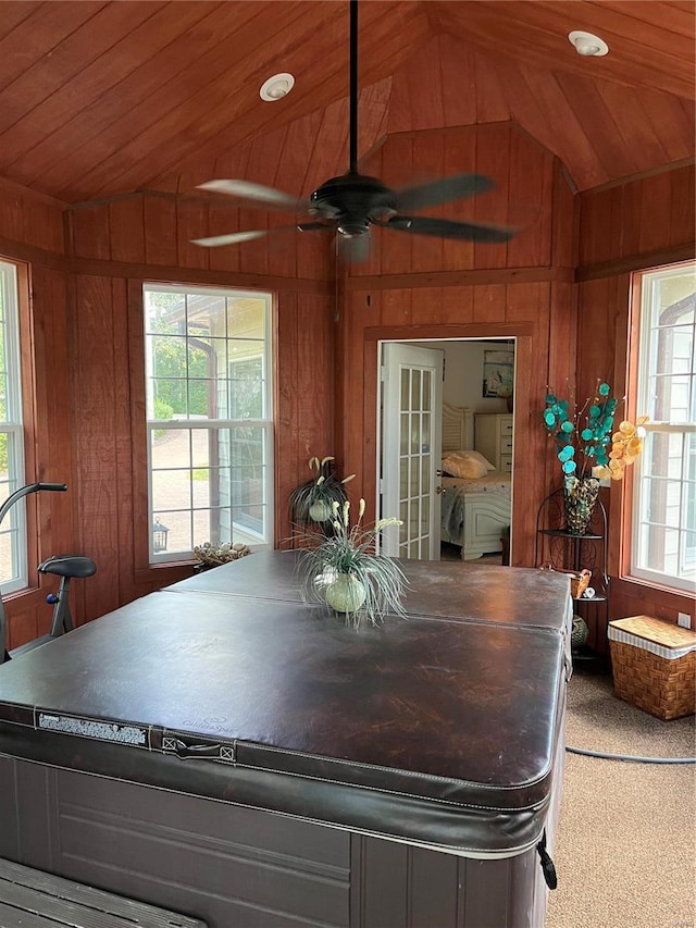 carpeted dining room featuring plenty of natural light and wood ceiling