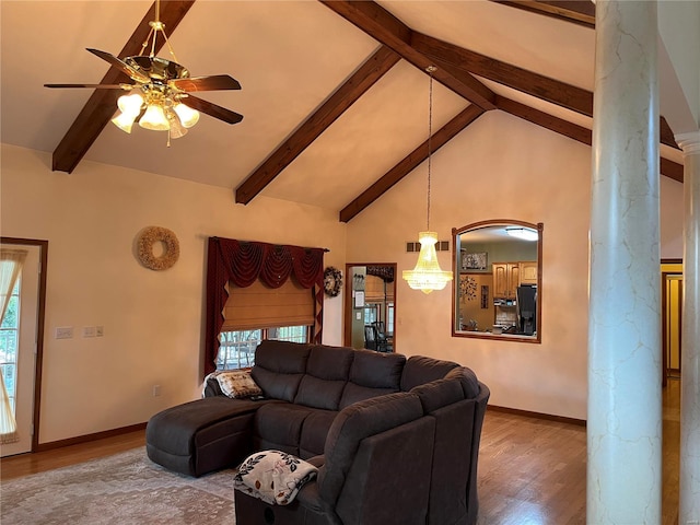 living room with wood-type flooring, beamed ceiling, high vaulted ceiling, and ceiling fan