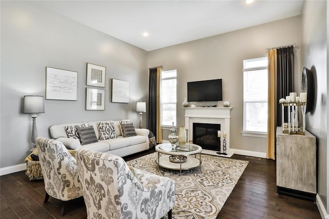 living room with dark hardwood / wood-style floors