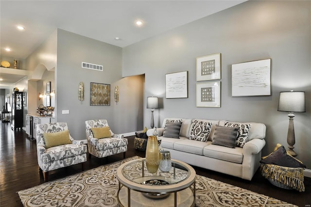 living room featuring a high ceiling and wood-type flooring