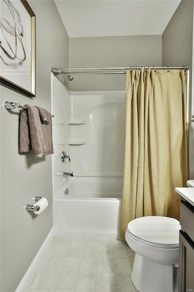 full bathroom featuring tile patterned flooring, shower / bath combination with curtain, toilet, and vanity