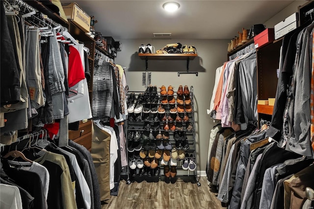 walk in closet with wood-type flooring