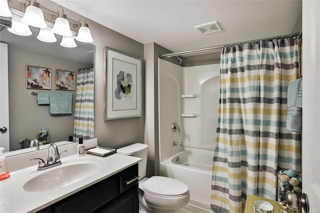 full bathroom with vanity, toilet, and shower / bathtub combination with curtain