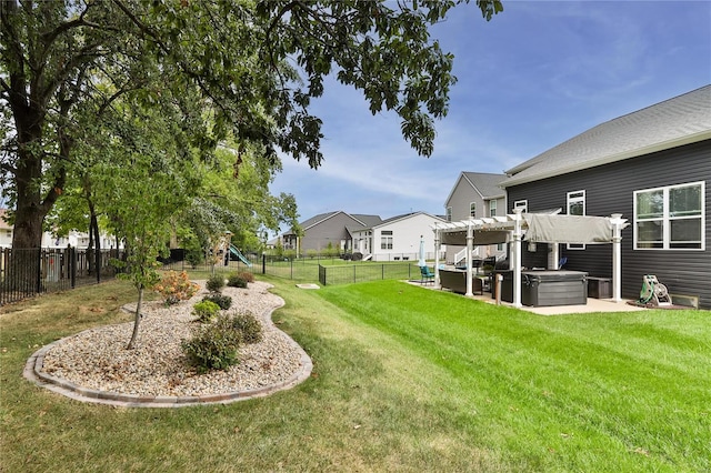 view of yard with a playground, a hot tub, a patio, and a pergola