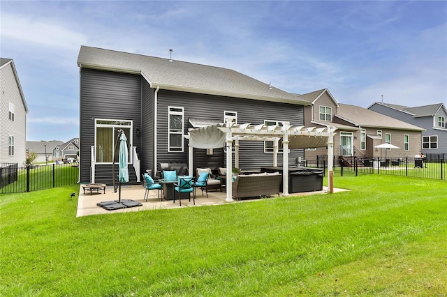 rear view of property with outdoor lounge area, a pergola, a lawn, and a patio