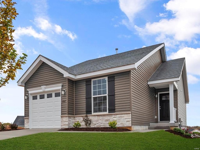 ranch-style house featuring stone siding, a front lawn, roof with shingles, and an attached garage