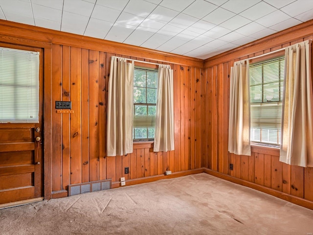 carpeted spare room featuring wood walls