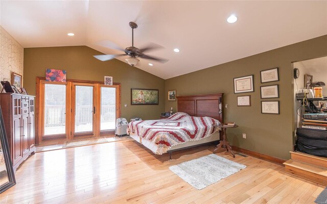 bedroom with lofted ceiling, ceiling fan, access to exterior, and light hardwood / wood-style flooring