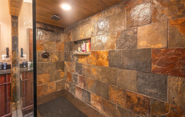 bathroom featuring wooden ceiling and a shower