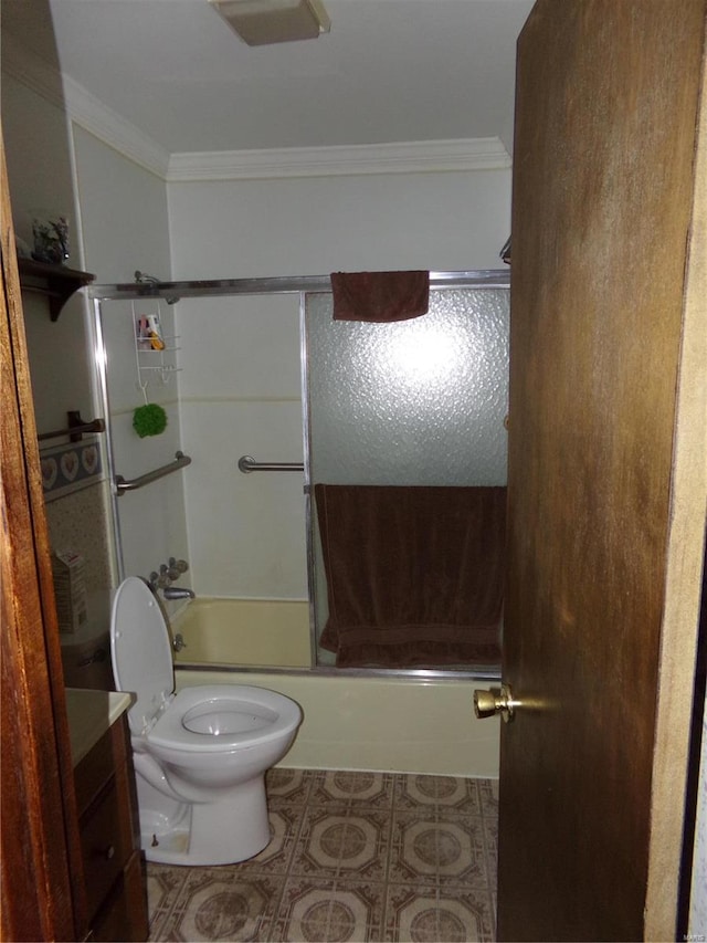 full bathroom with shower / bath combination with glass door, vanity, toilet, and ornamental molding