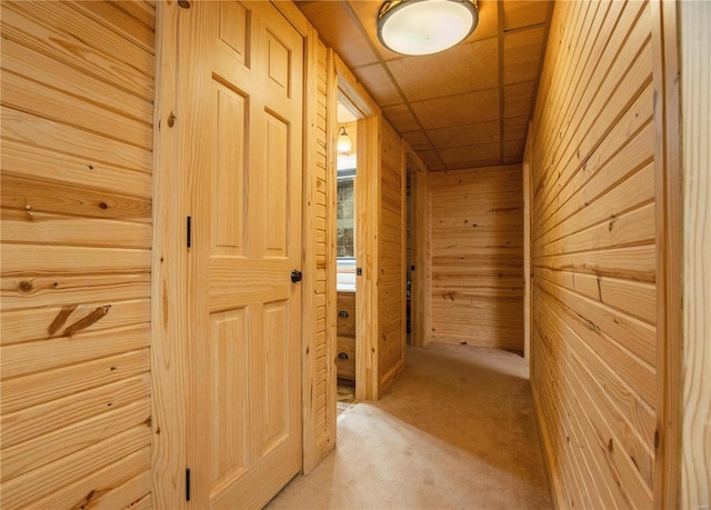 hallway with light colored carpet and wood walls