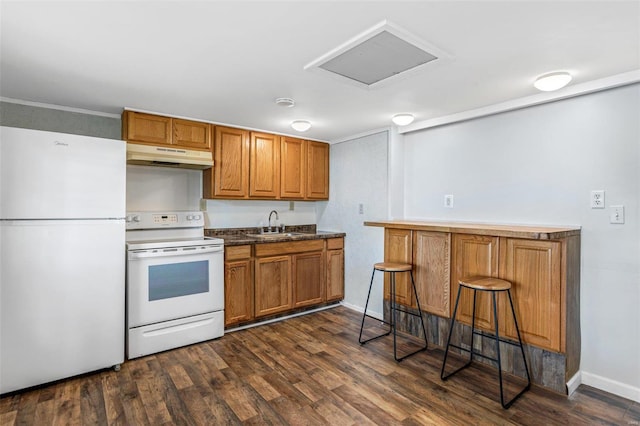 kitchen featuring a kitchen breakfast bar, white appliances, sink, and dark wood-type flooring