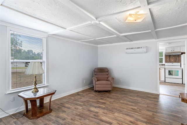 sitting room with coffered ceiling, a textured ceiling, dark wood-type flooring, and a wall unit AC