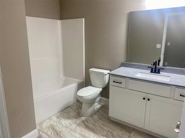 bathroom featuring baseboards, toilet, marble finish floor, vanity, and washtub / shower combination