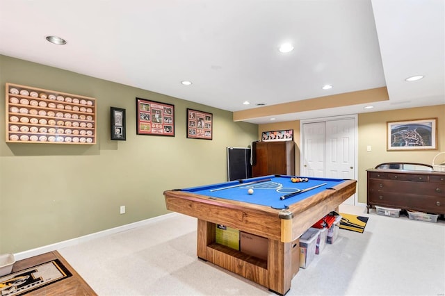 recreation room featuring billiards and light colored carpet