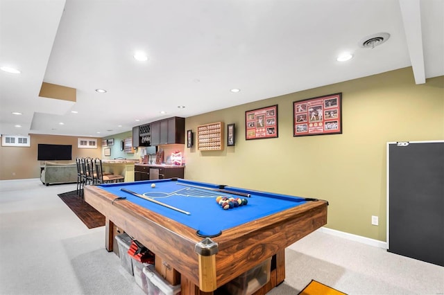 game room featuring pool table and light colored carpet