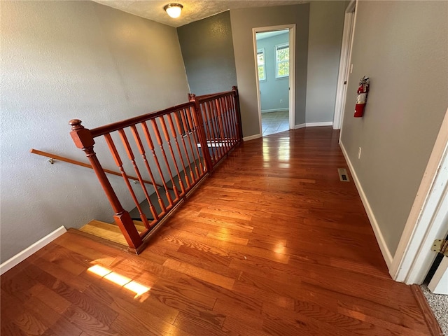 stairs with hardwood / wood-style floors