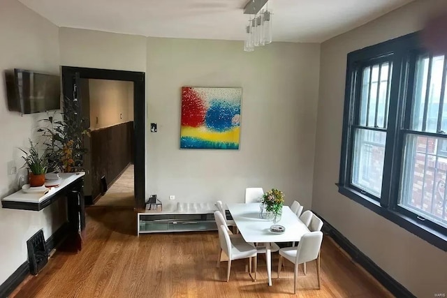 dining space with hardwood / wood-style floors