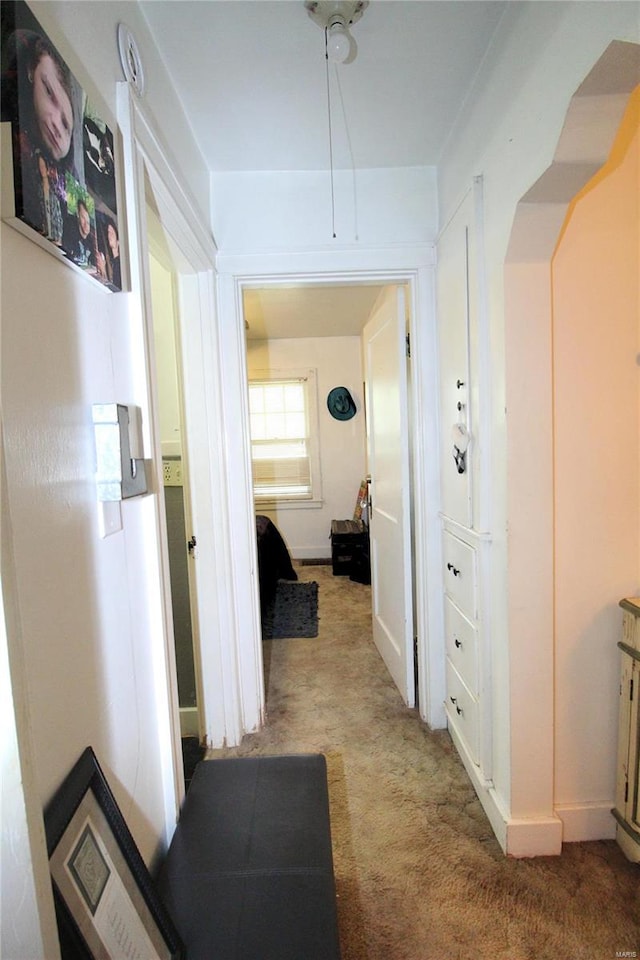 hallway with carpet floors