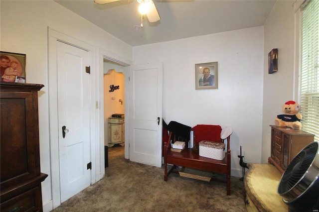 living area with carpet and ceiling fan