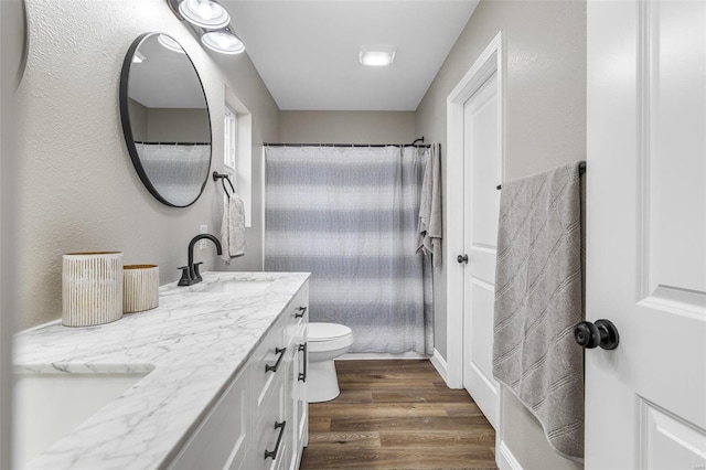 bathroom with wood-type flooring, vanity, and toilet