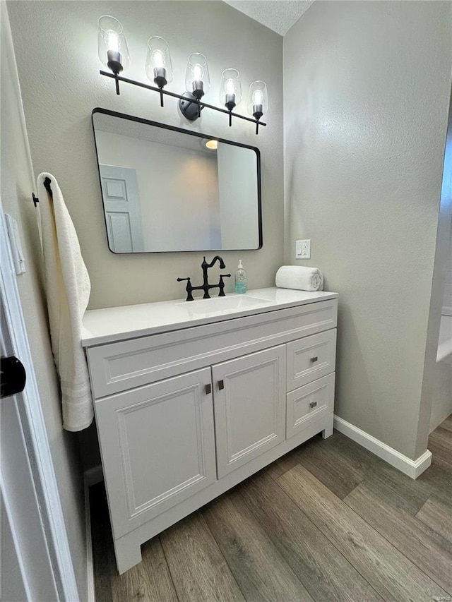 bathroom with vanity and wood-type flooring