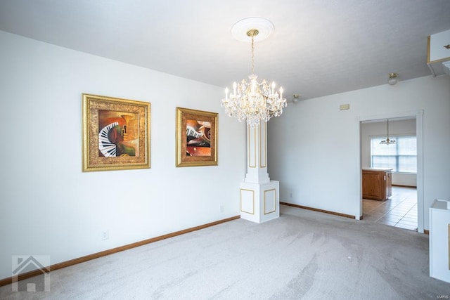 unfurnished room with light carpet and a notable chandelier