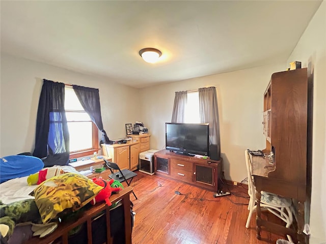 bedroom with multiple windows and hardwood / wood-style flooring