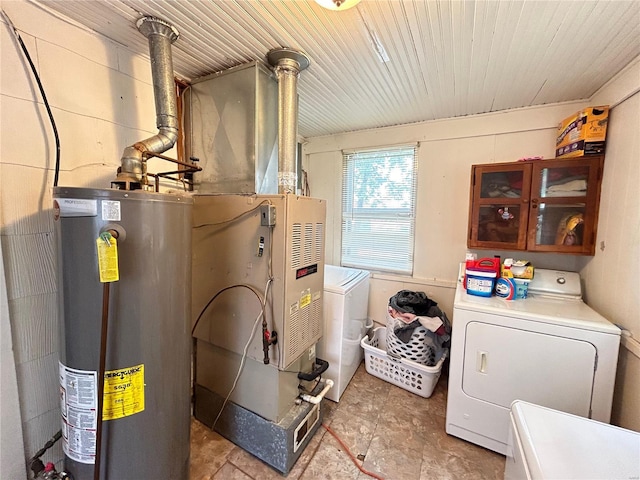 clothes washing area featuring wood ceiling, washing machine and dryer, and water heater