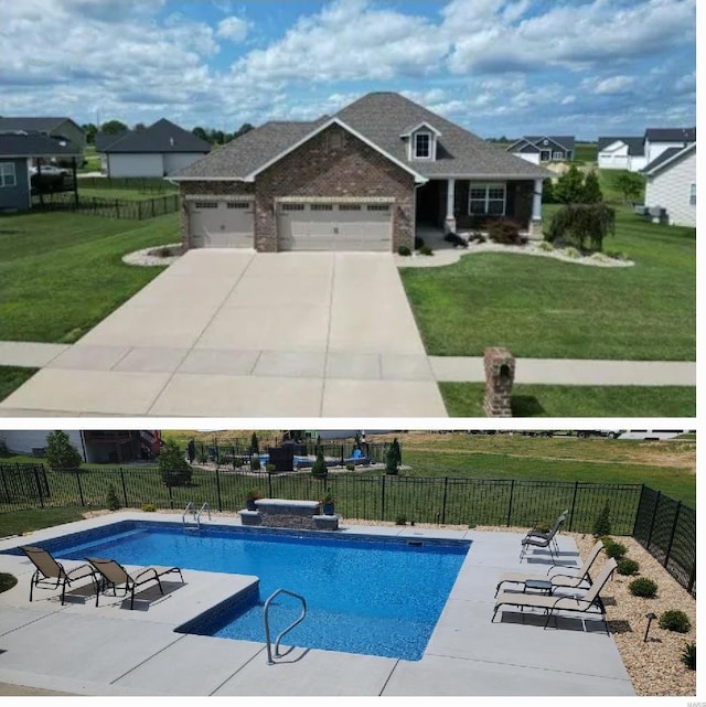 view of swimming pool featuring a yard and a patio